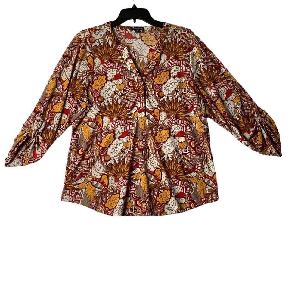 Chances R Women Retro 70s Floral‎ Boho Paisley Roll Tab Sleeve Blouse Sz Large